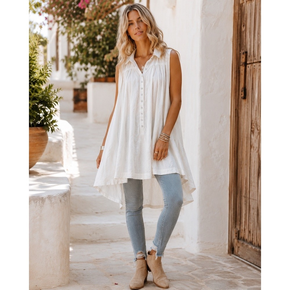 Free People White Sleeveless Collared Tunic Top Asymmetrical Boho Gauze XS TP